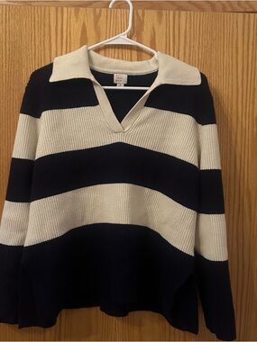 a new day Navy and Cream Striped V-Neck Polo Sweater
